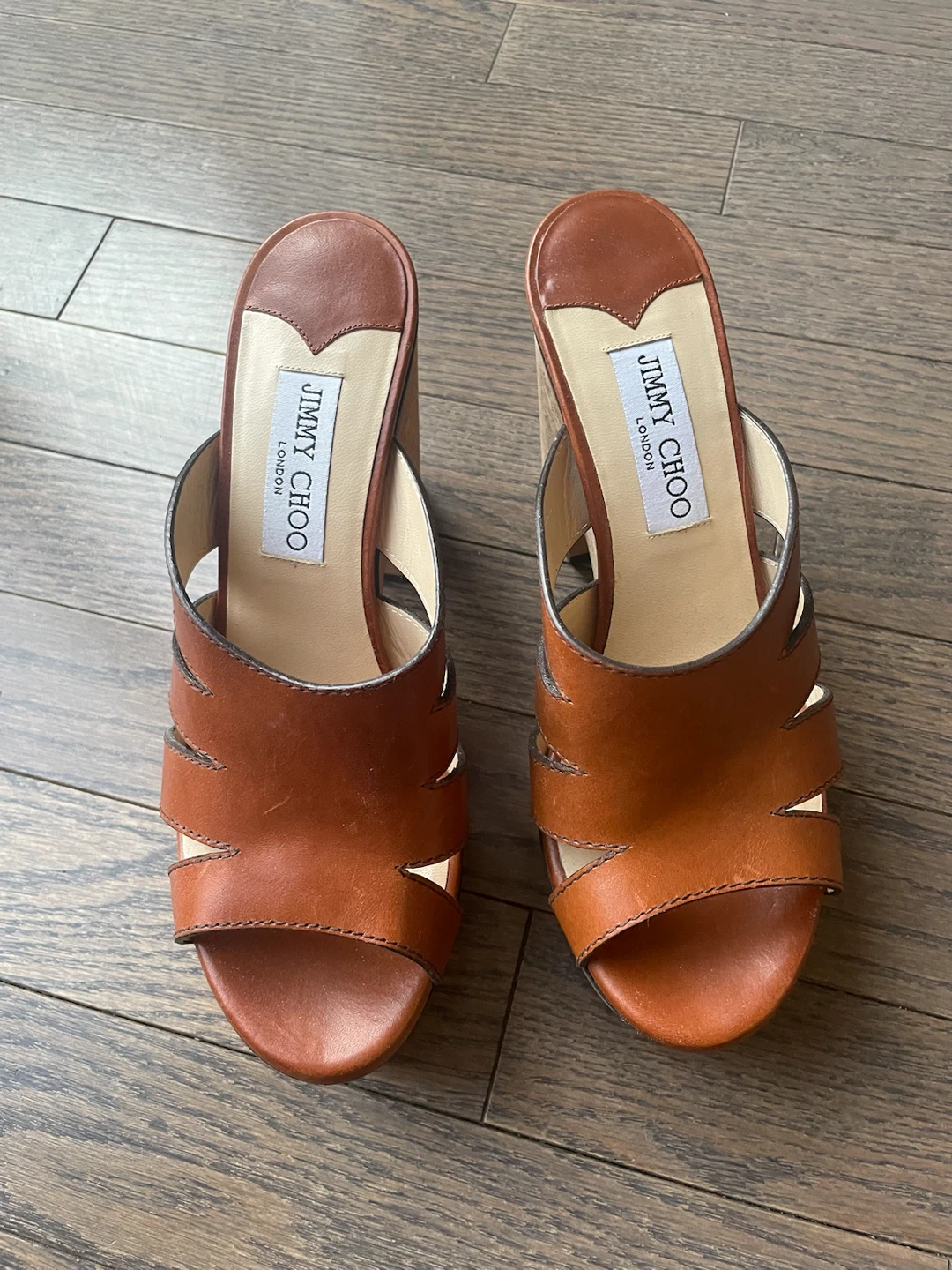 Jimmy Choo Tan Leather Cork Wedge Sandals