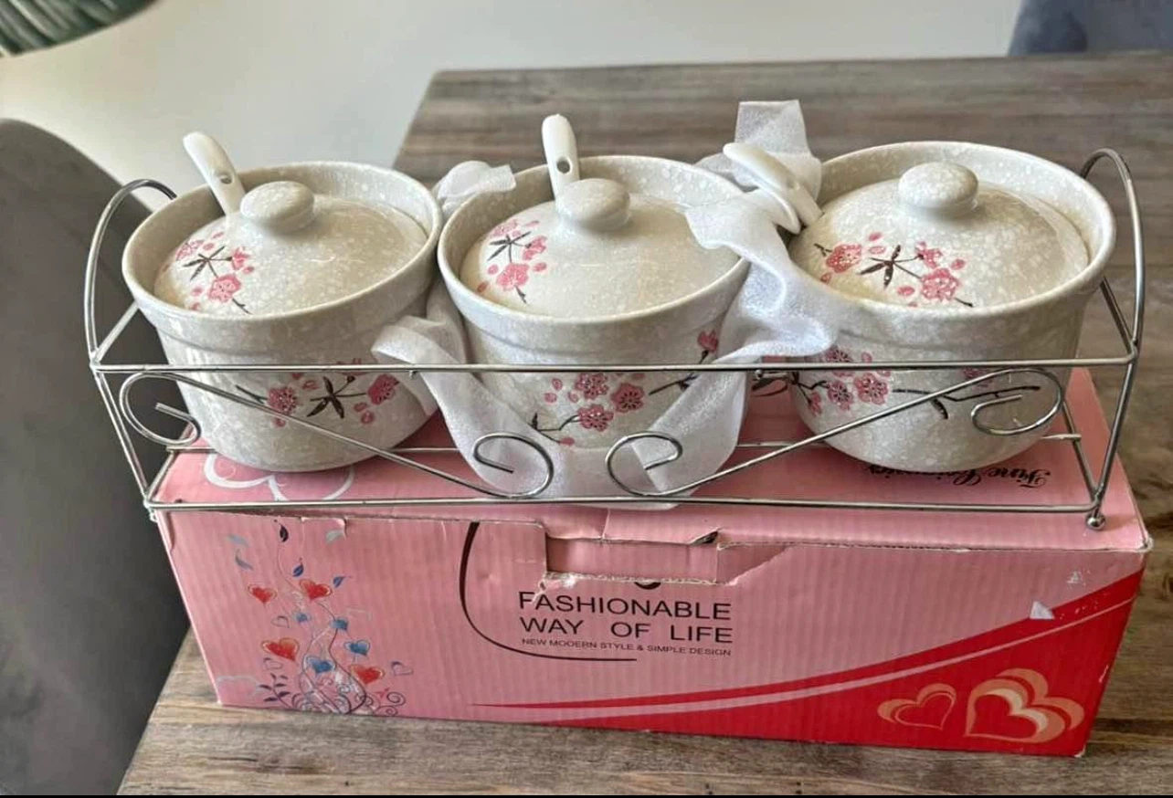 New-Ceramic Condiment Jars with Spoons and Rack