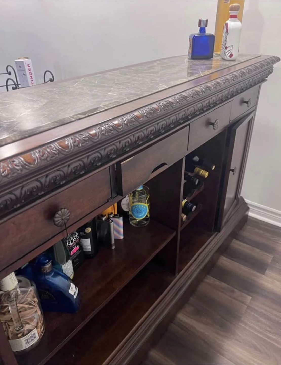 Antique Style Wooden Bar Cabinet with Marble Top - photo 2