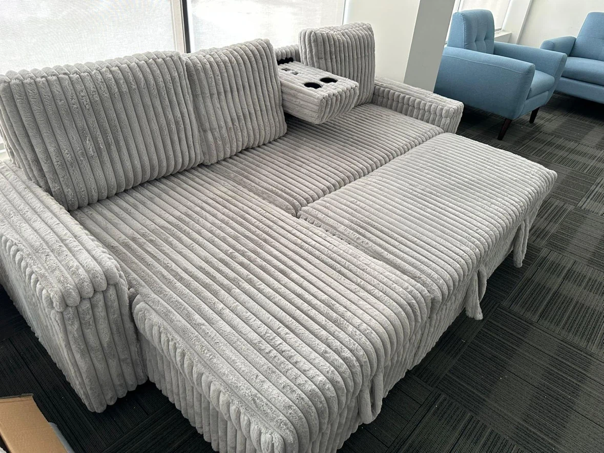 Grey Corduroy Sectional Sofa with Storage and Built-in Power