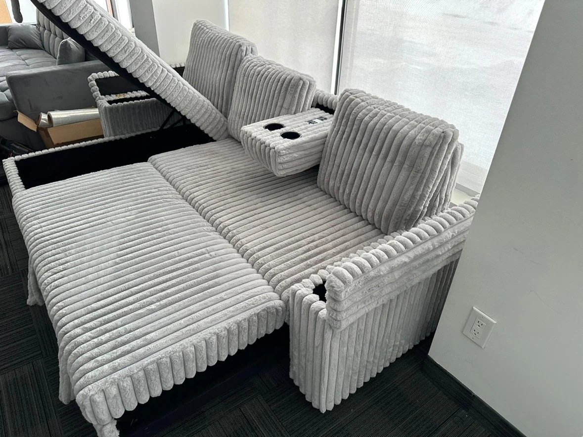 Grey Corduroy Sectional Sofa with Storage and Built-in Power - photo 2
