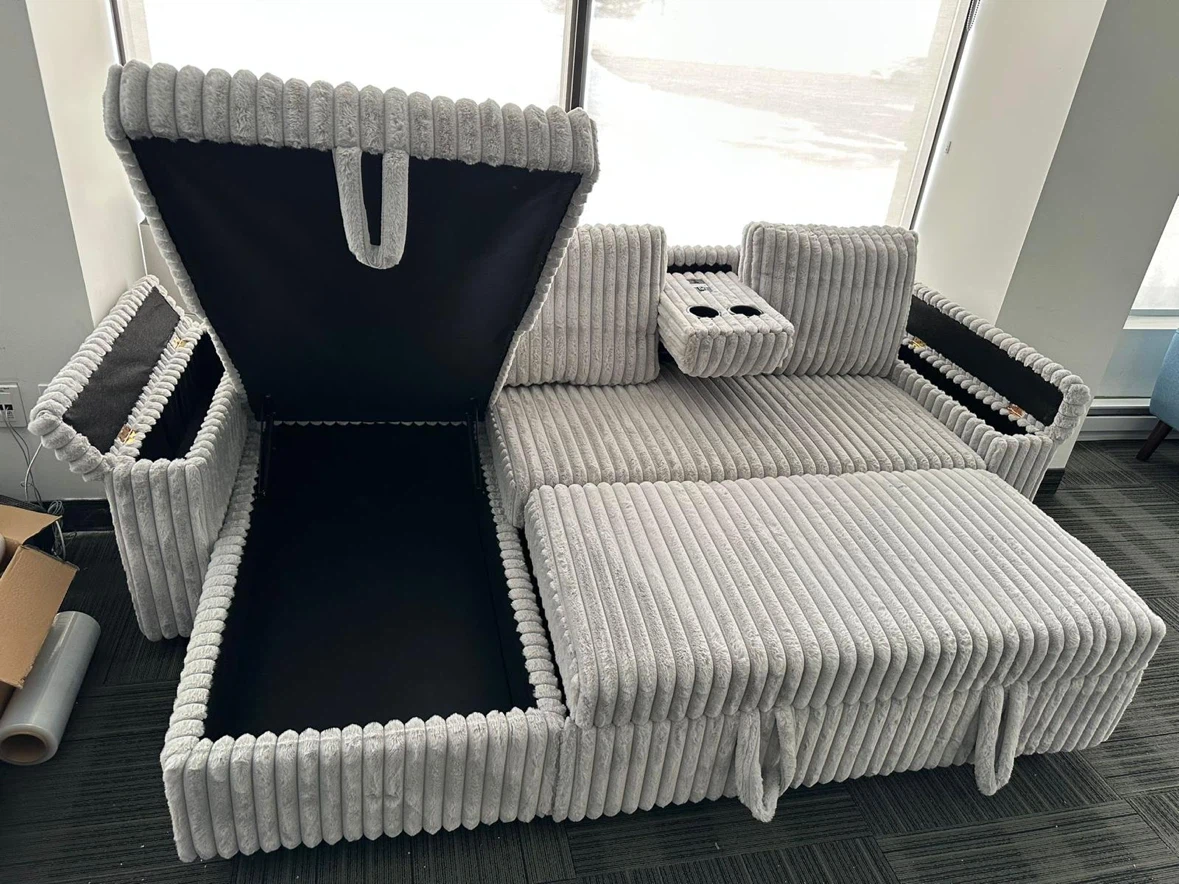 Grey Corduroy Sectional Sofa with Storage and Built-in Power - photo 4