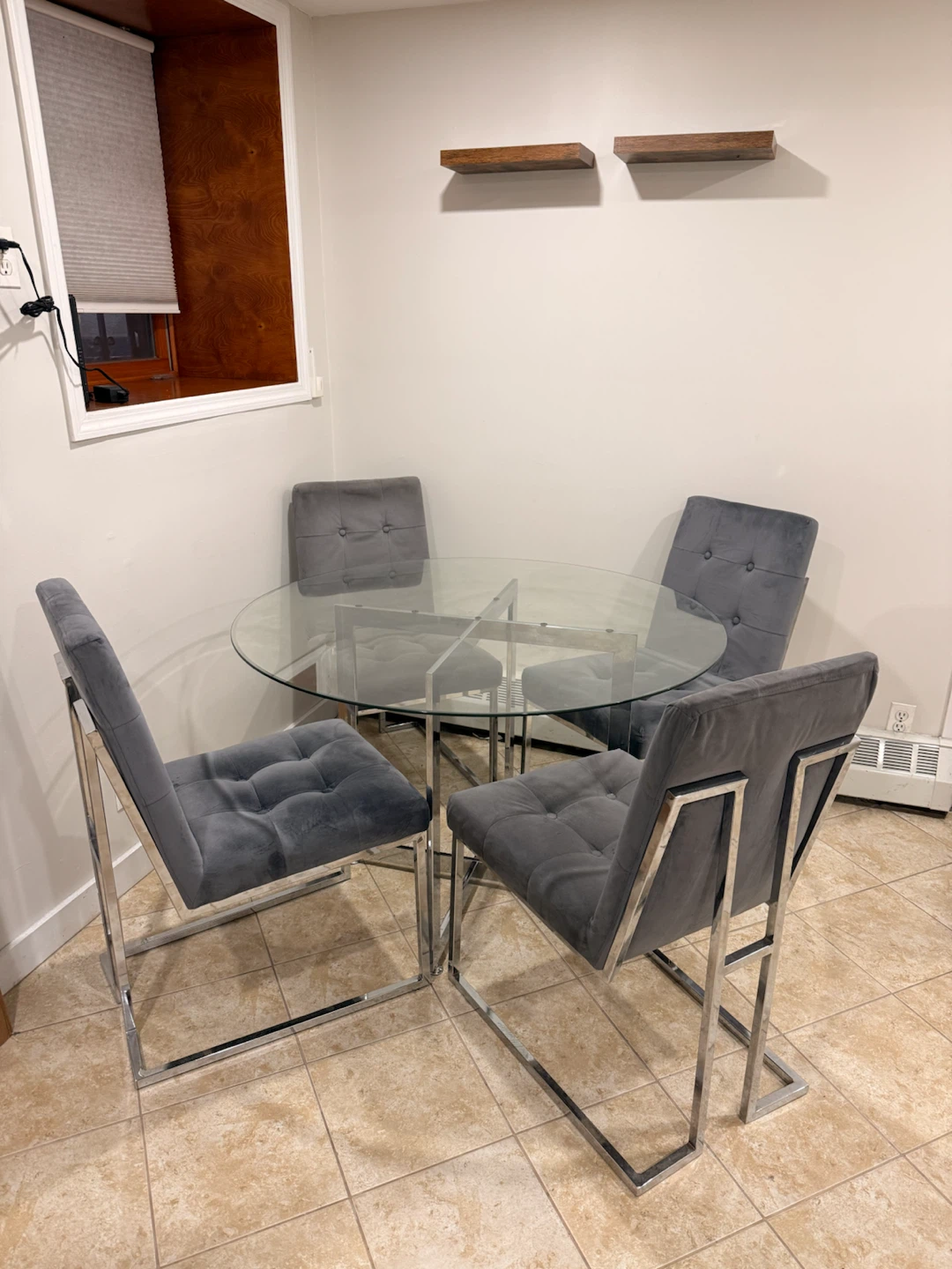 Glass Dining Table with 4 Grey Chairs