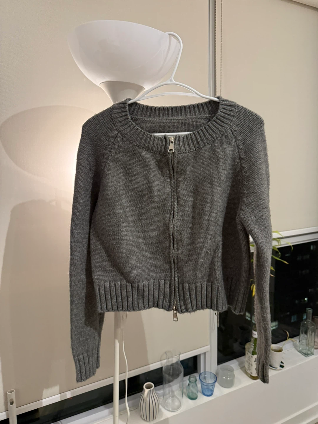 Grey Zip-Up Knit Cardigan