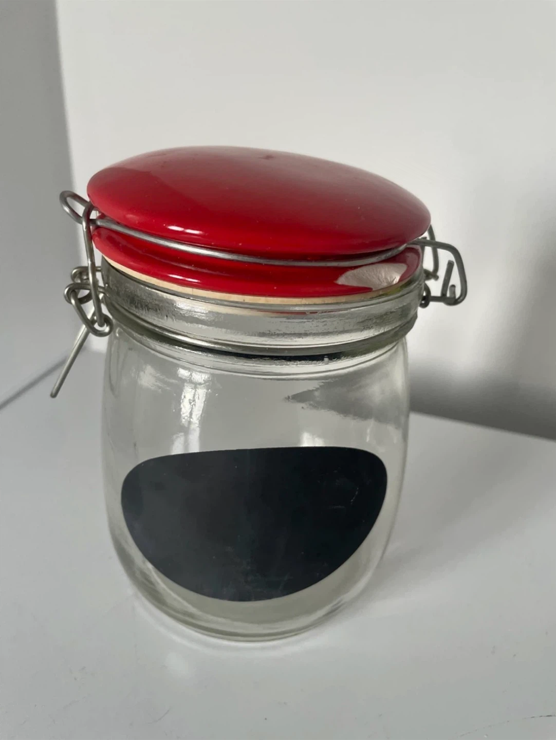 Glass Storage Jar with Red Lid and Chalkboard Label