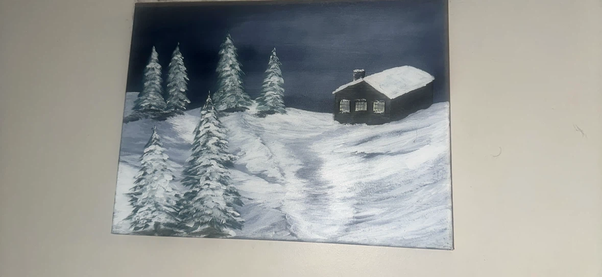Original oil canvas painting Winter Cabin Landscape Painting