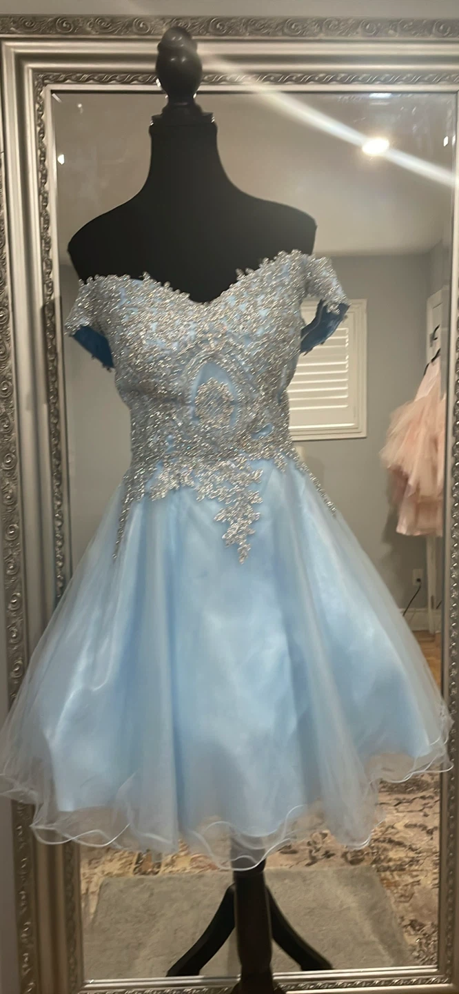 Light Blue Beaded Off-the-Shoulder Party Dress