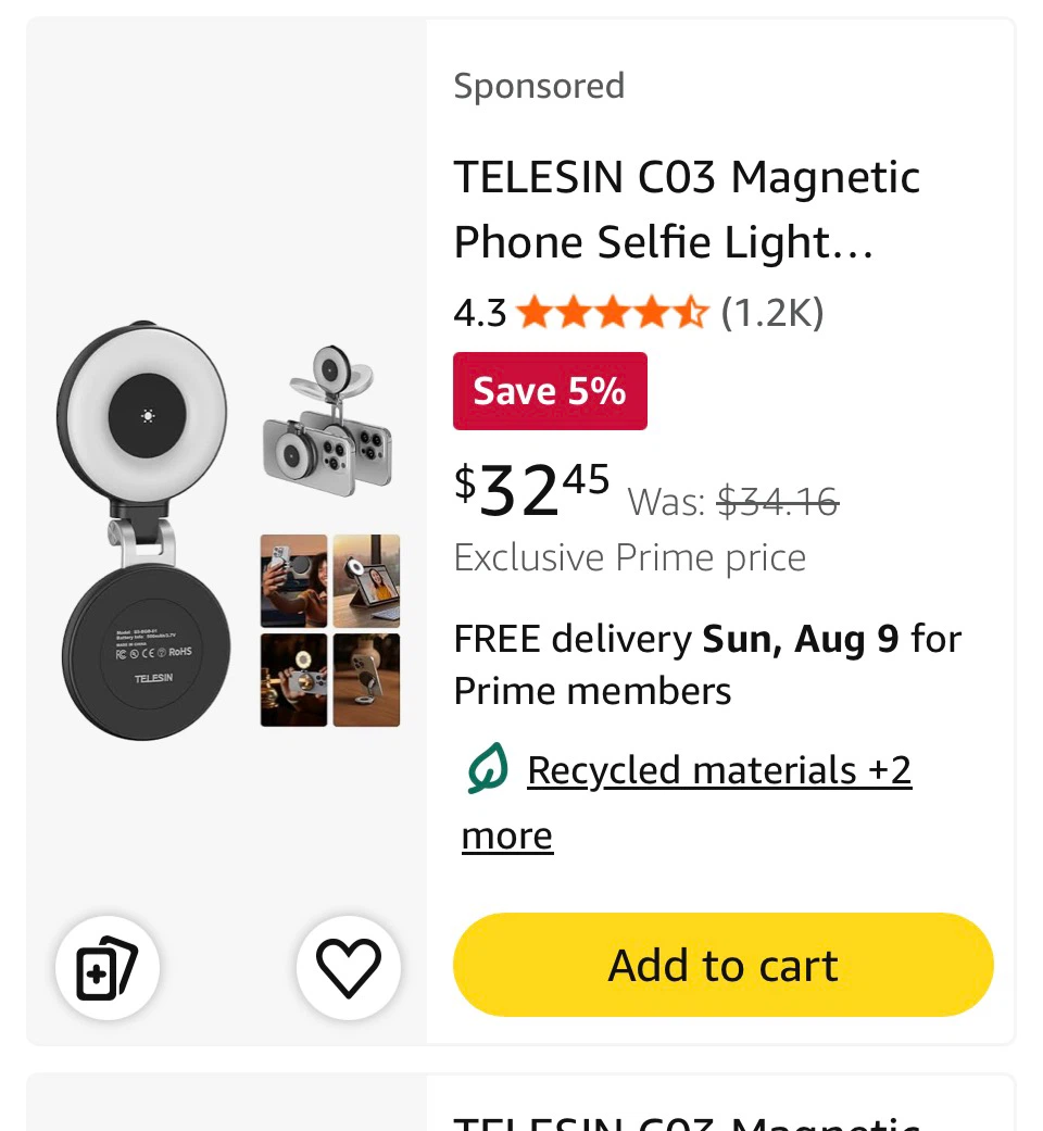 TELESIN CRI97 Magnetic Selfie Ring Light with Mirror