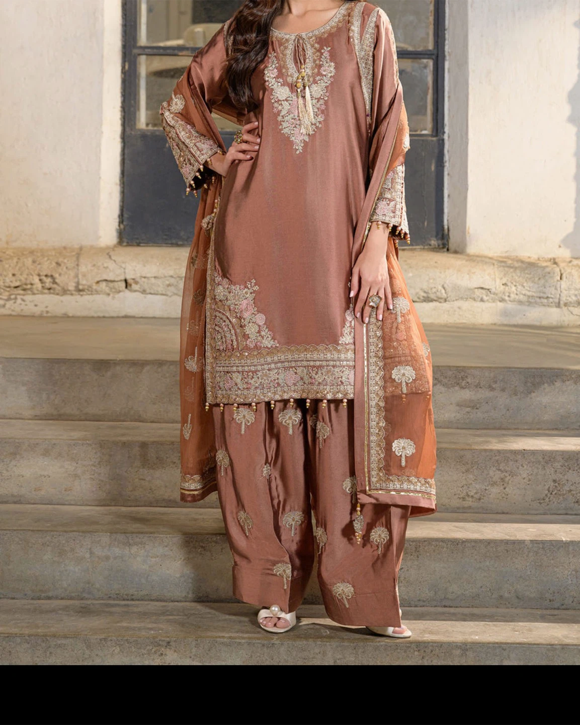 Embroidered cinnamon Brown Silk Suit with Dupatta