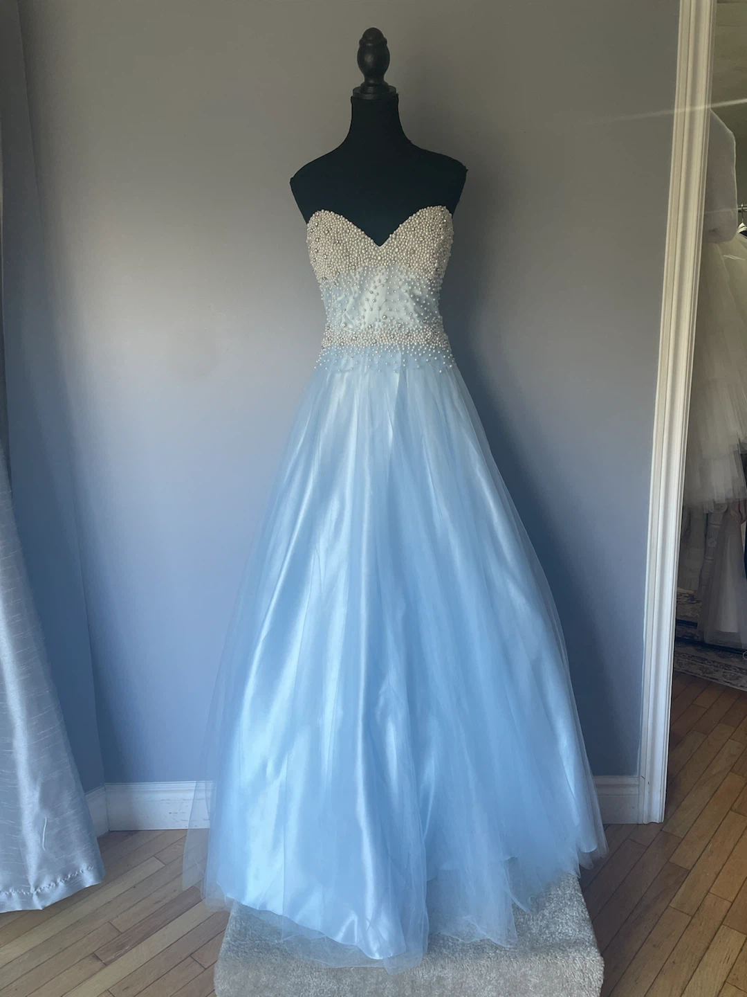 Light Blue Beaded Strapless Gown