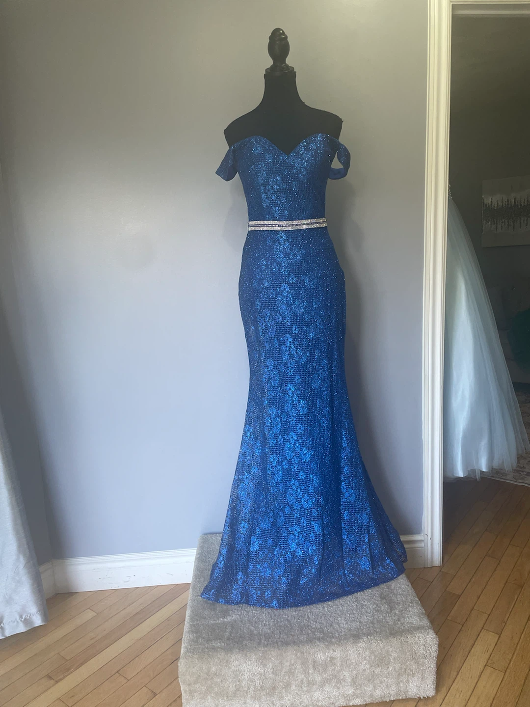 Sparkly Blue Off-the-Shoulder Gown
