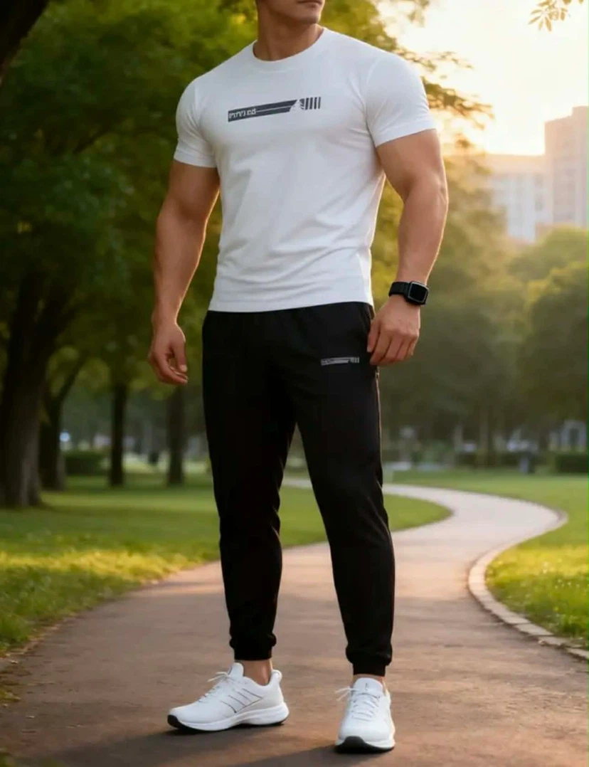 Men's White T-Shirt and Black Jogger Set