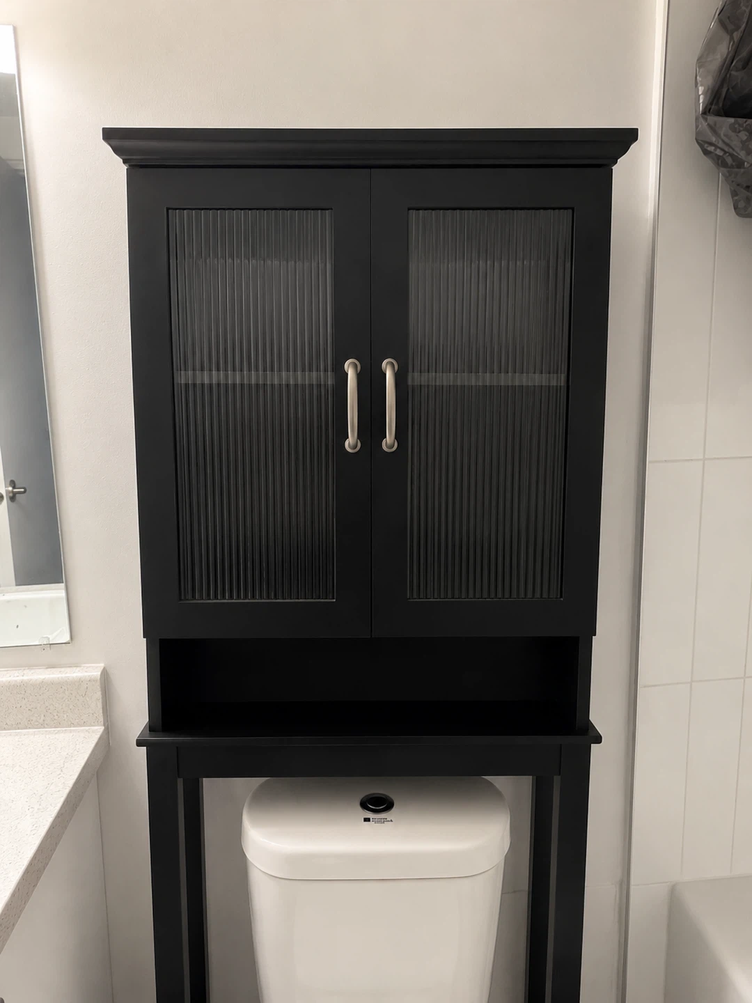 Black Bathroom Storage Cabinet with Fluted Glass Doors