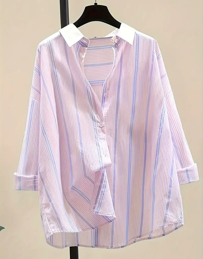 Pink and Blue Striped Oversized Button-Up Shirt