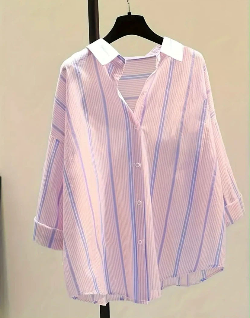 Pink and Blue Striped Oversized Button-Up Shirt - photo 4