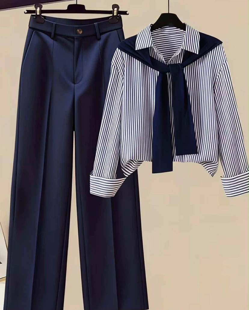 Navy Wide-Leg Pants and Striped Blouse Set