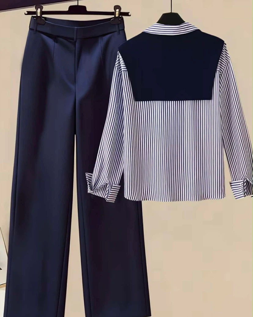 Navy Wide-Leg Pants and Striped Blouse Set - photo 2