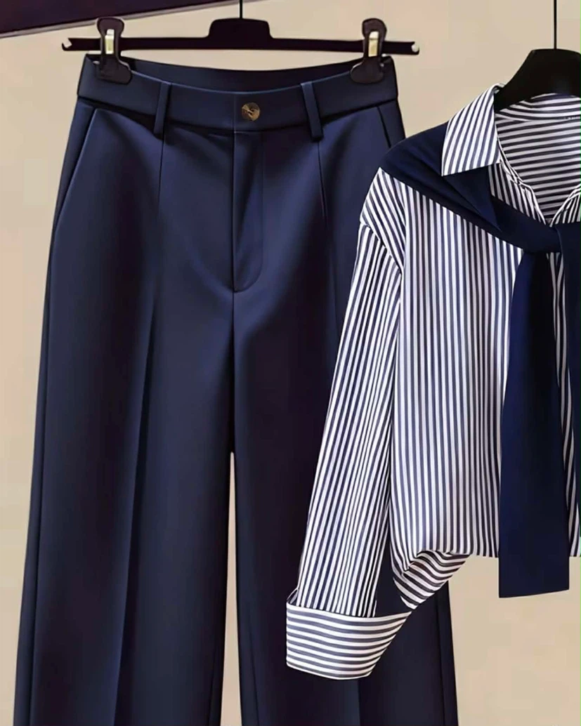 Navy Wide-Leg Pants and Striped Blouse Set - photo 3