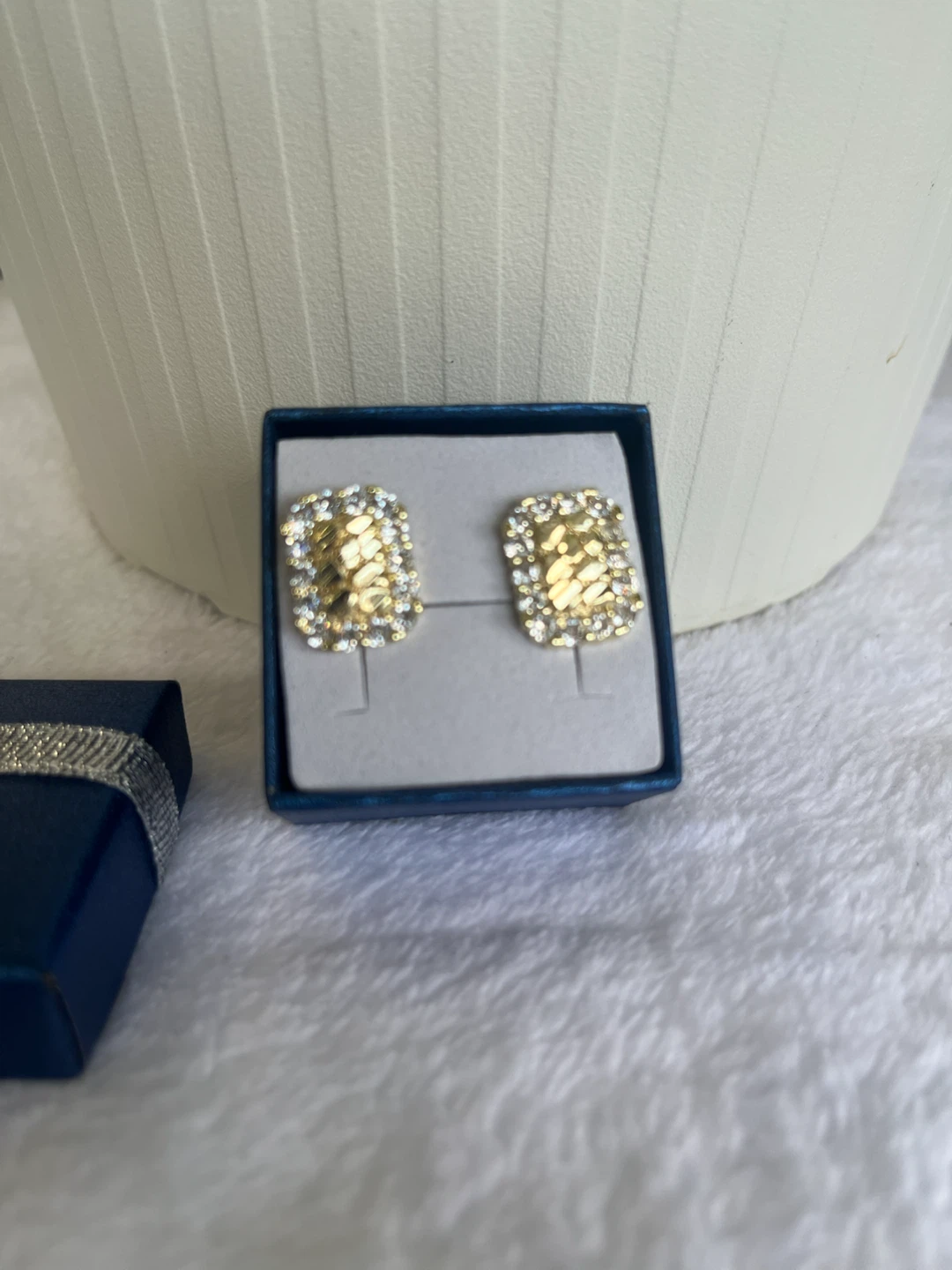 Gold Tone Rectangle Earrings with Rhinestone Border