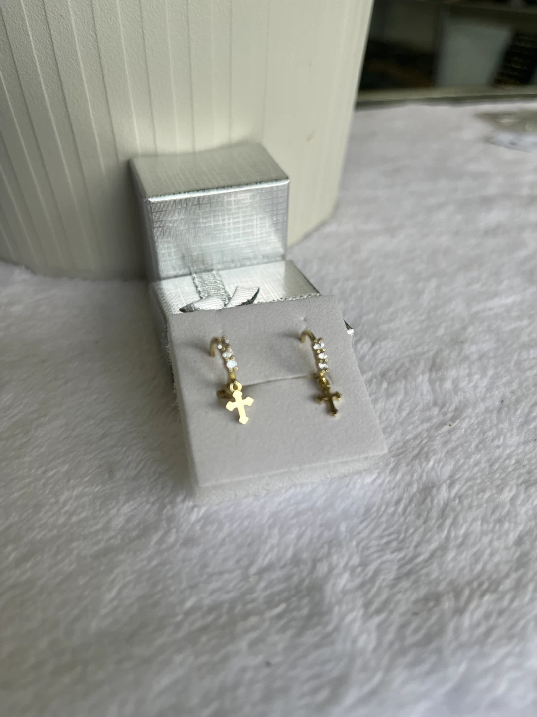 Gold Tone Dangle Cross Hoop Earrings with Rhinestones