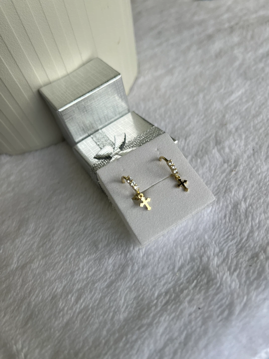 Gold Tone Dangle Cross Hoop Earrings with Rhinestones - photo 2