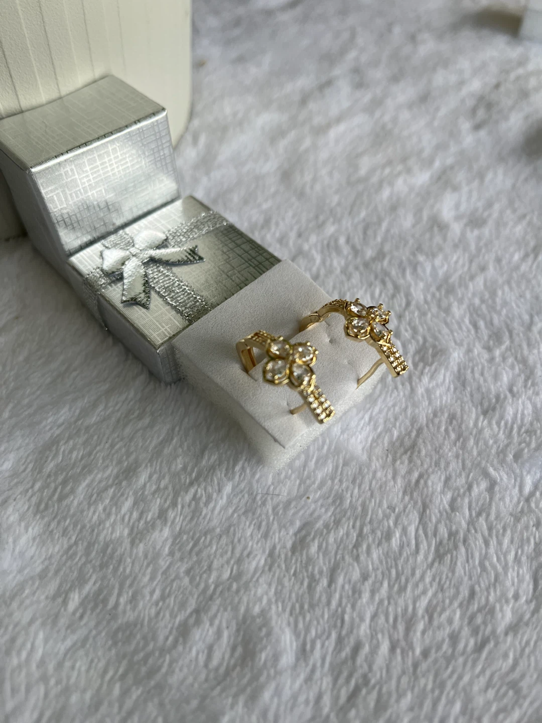 Gold Tone Flower Hoop Earrings with Clear Crystals
