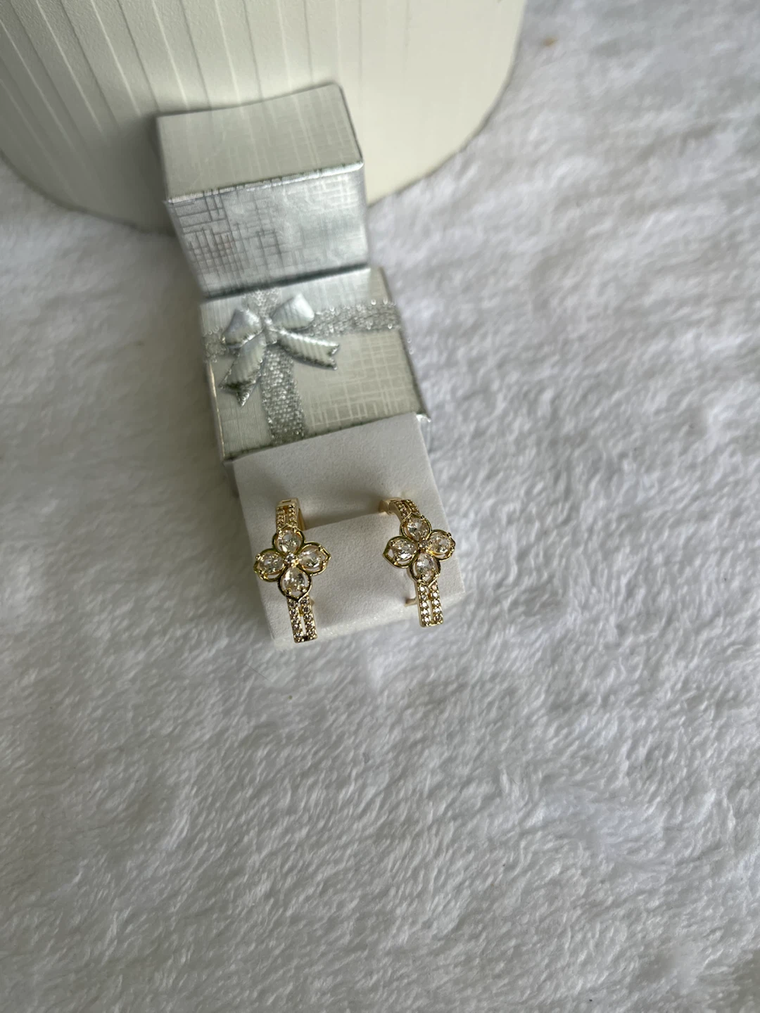 Gold Tone Flower Hoop Earrings with Clear Crystals - photo 2