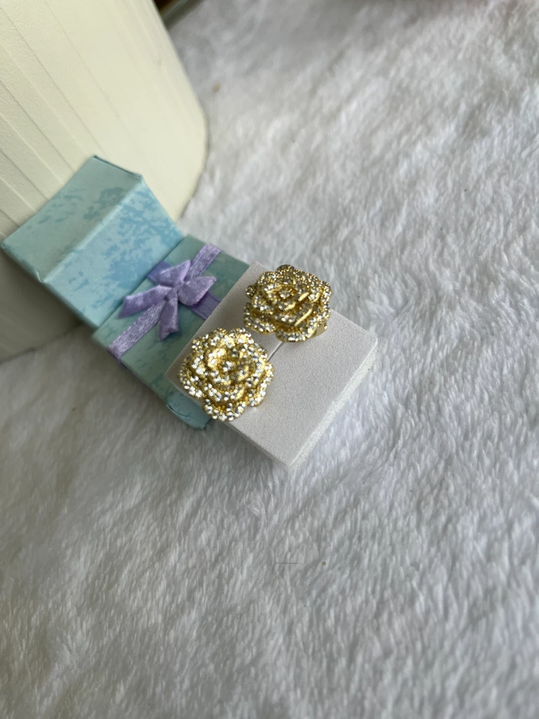 Gold Rose Stud Earrings with Rhinestones