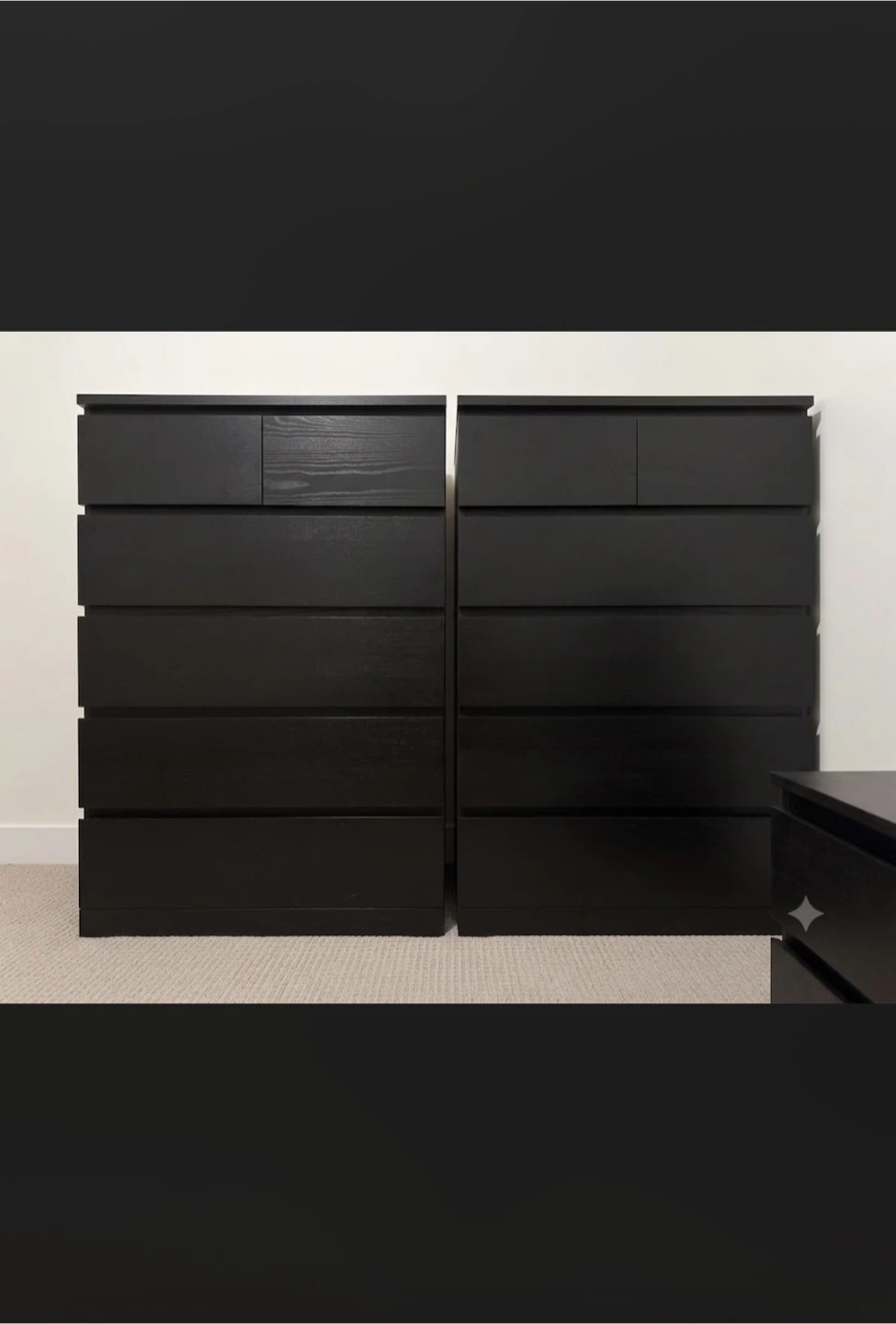 Two IKEA MALM 6-drawer dressers in black-brown