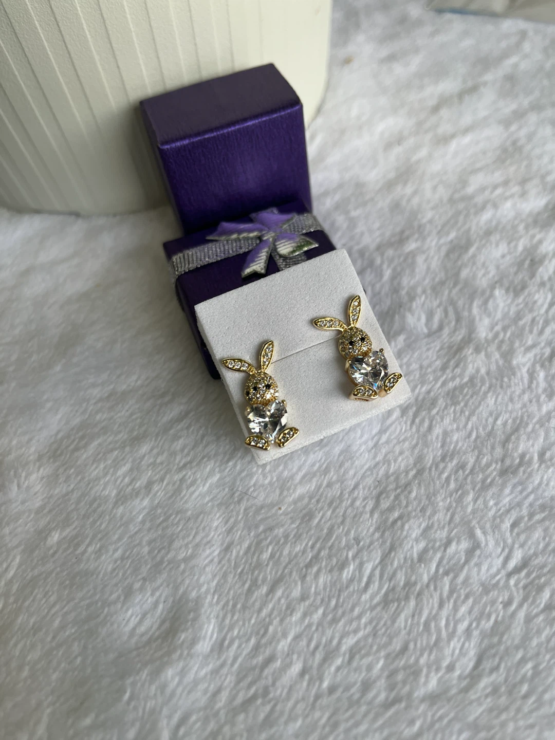 Gold Bunny Stud Earrings with Clear Stones
