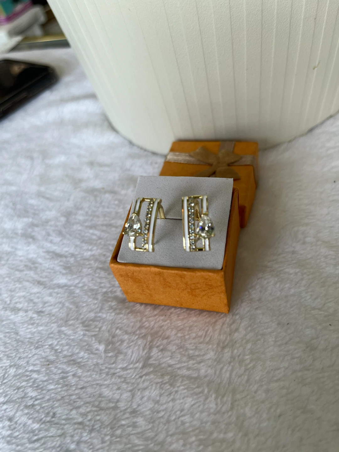 Gold Tone Earrings with White Enamel Accents
