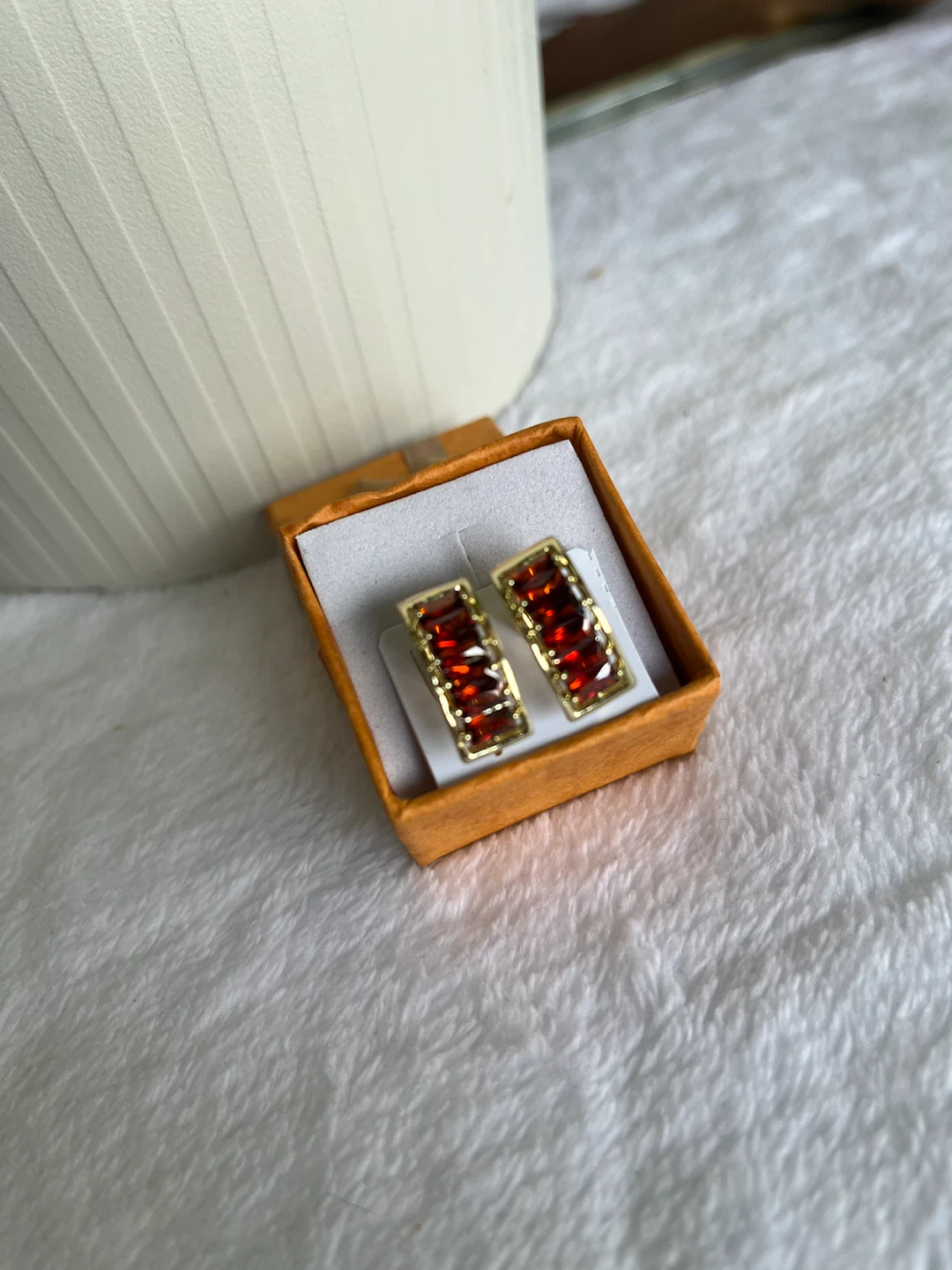 Gold Tone Hoop Earrings with Red Stones