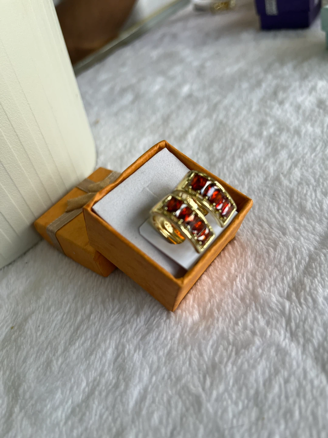 Gold Tone Hoop Earrings with Red Stones - photo 2