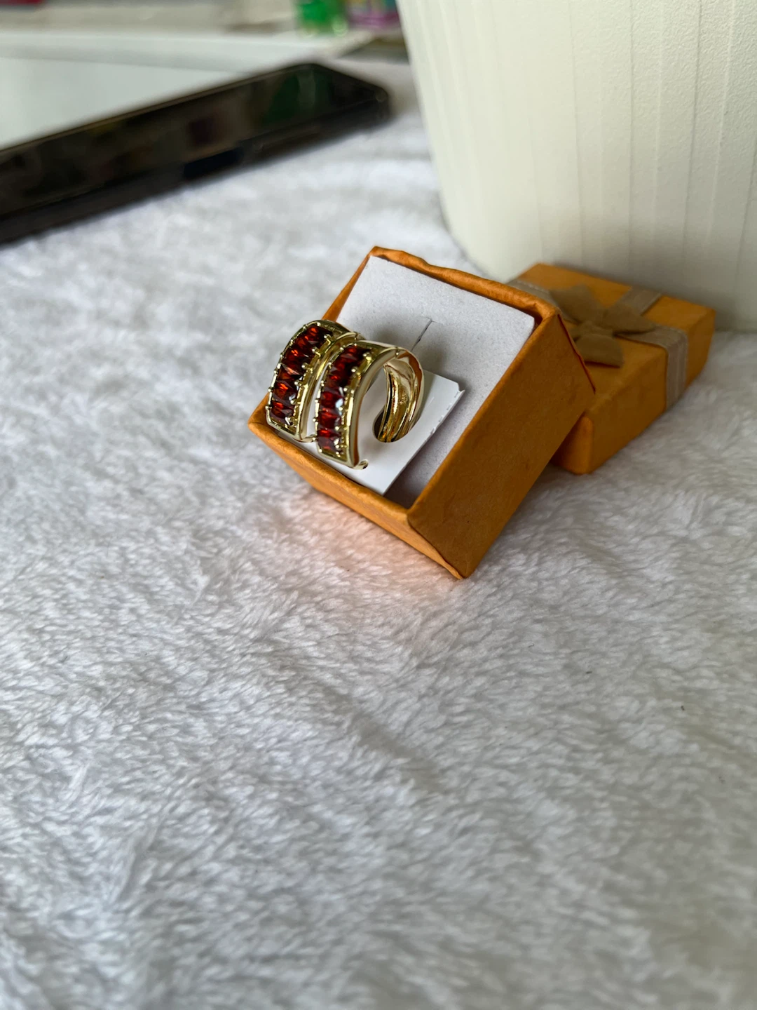 Gold Tone Hoop Earrings with Red Stones - photo 3
