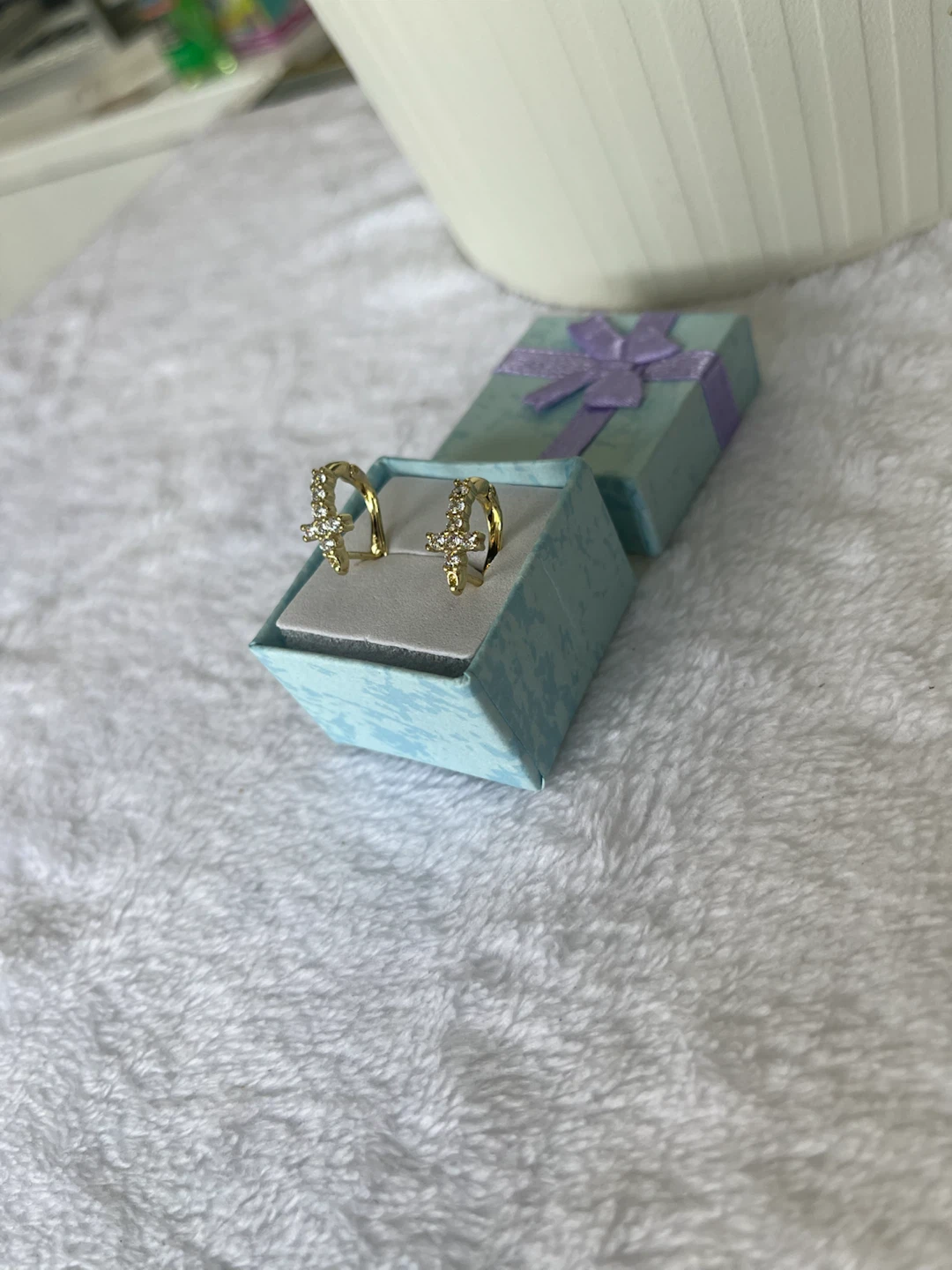 Gold-tone earrings with rhinestone cross detail - photo 3