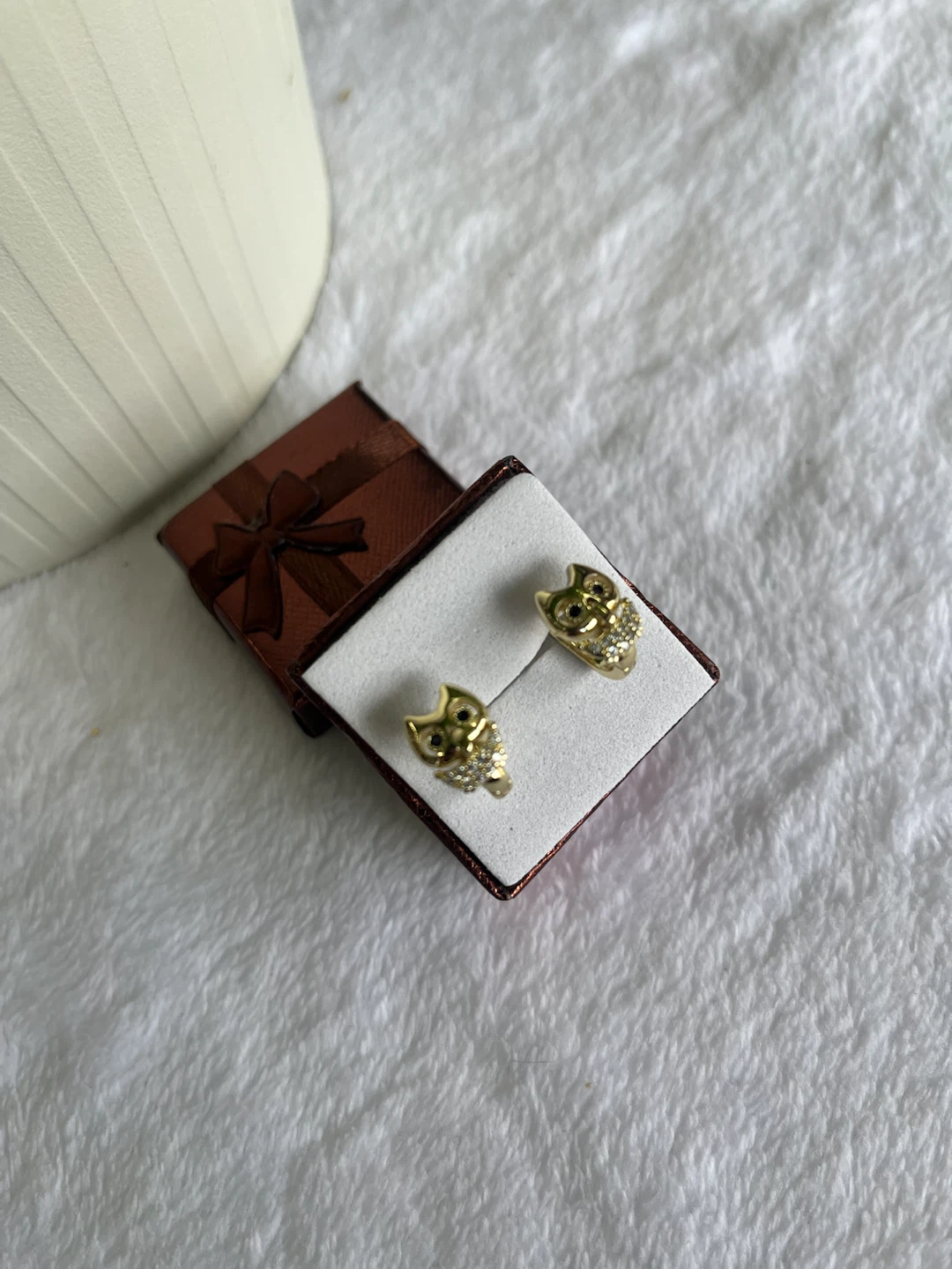Gold Owl Earrings with Rhinestones