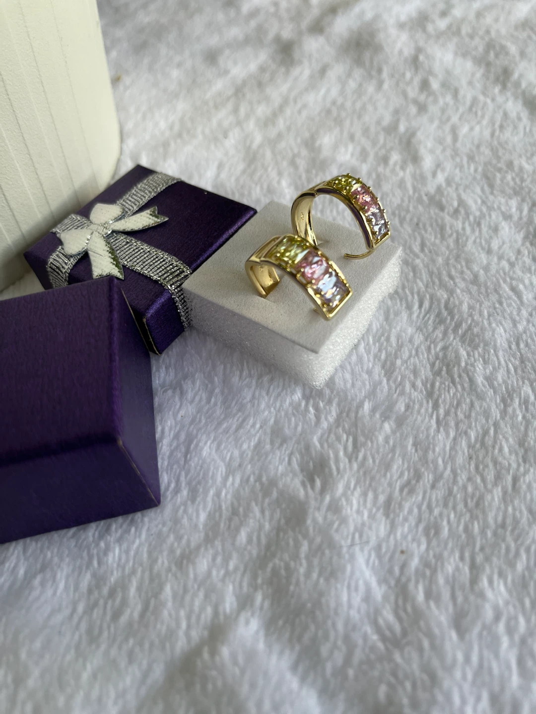 Gold Tone Hoop Earrings with Colorful Stones