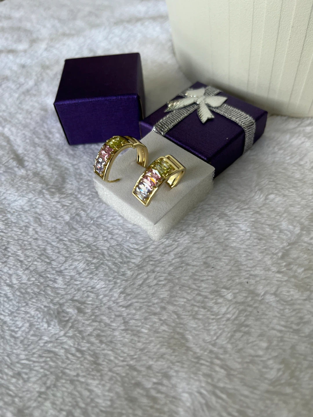 Gold Tone Hoop Earrings with Colorful Stones - photo 2