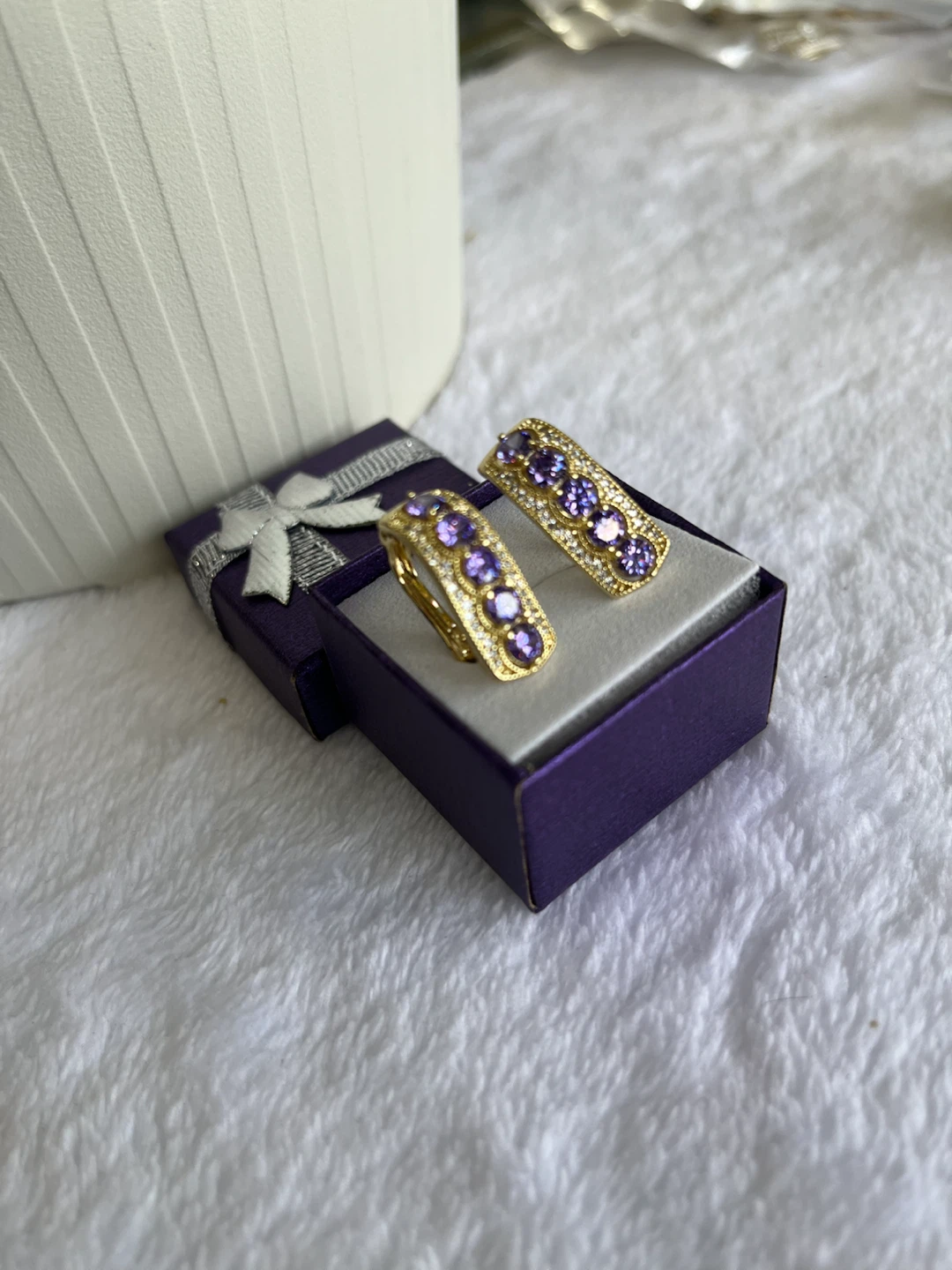 Gold Hoop Earrings with Purple and White Stones