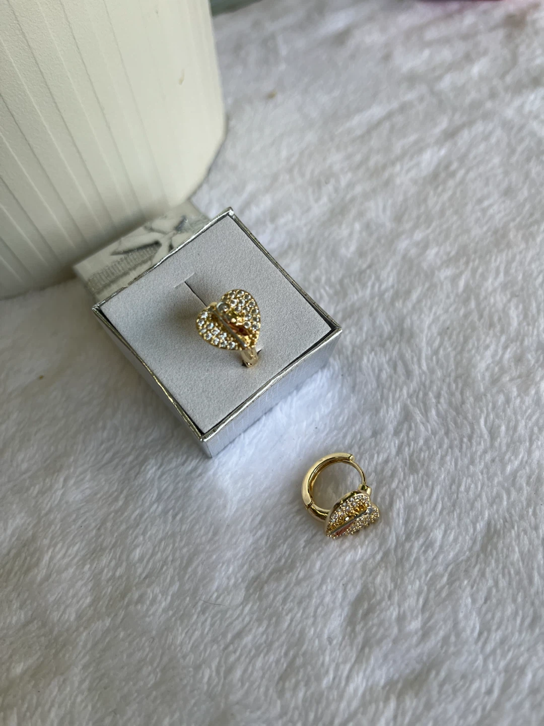Gold Tone Heart Hoop Earrings with Crystals