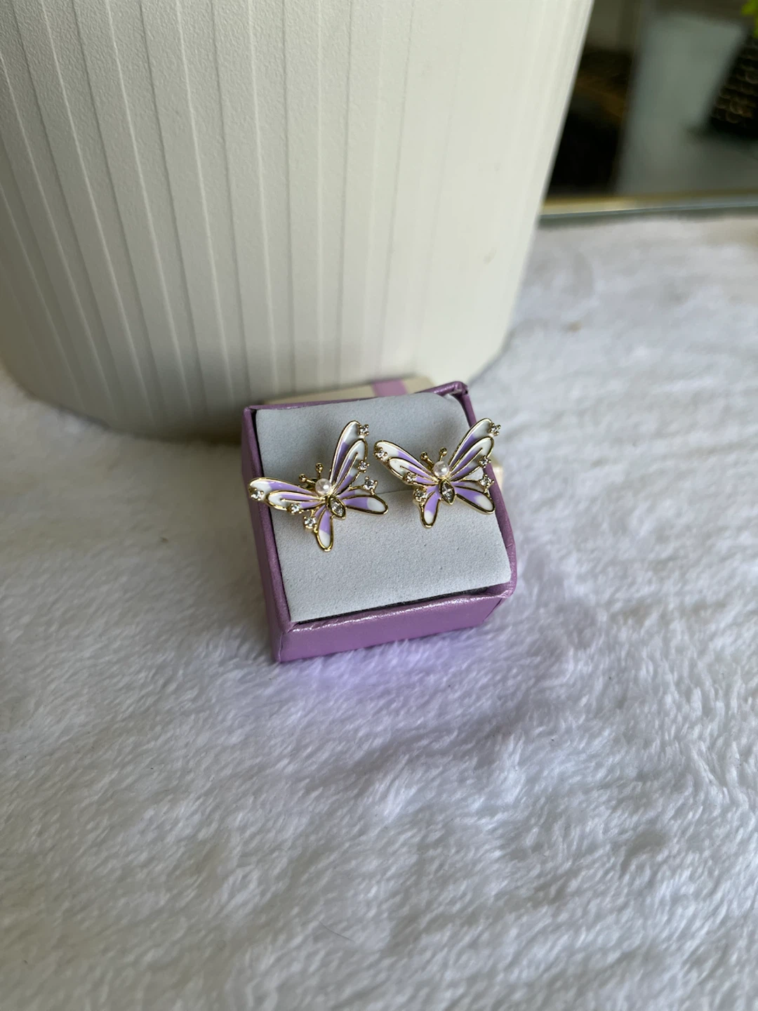 Purple Butterfly Earrings with Rhinestones