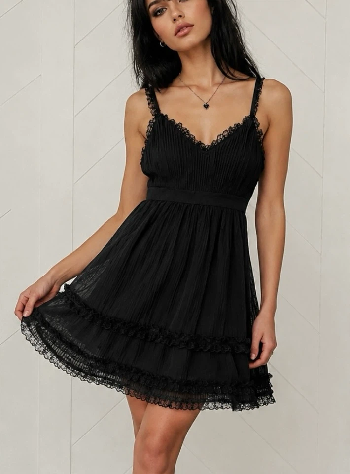 Disturbia Black Lace Trim Pleated Mini Dress - photo 2