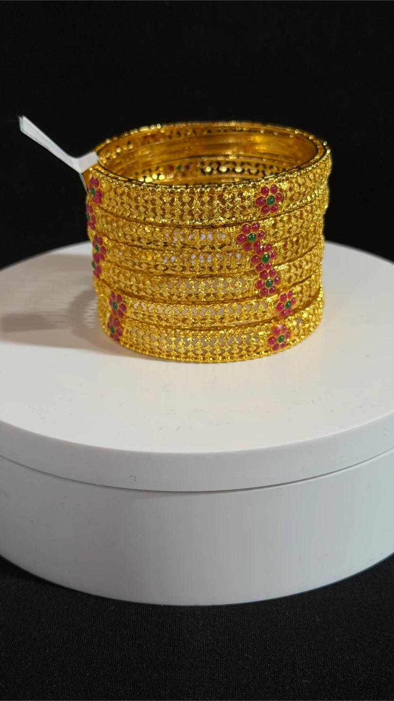 Gold Bangle Set with Red and Green Stones