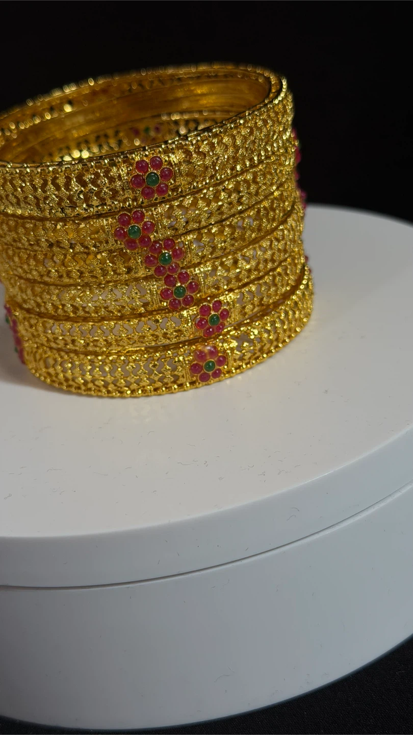 Gold Bangle Set with Red and Green Stones - photo 2