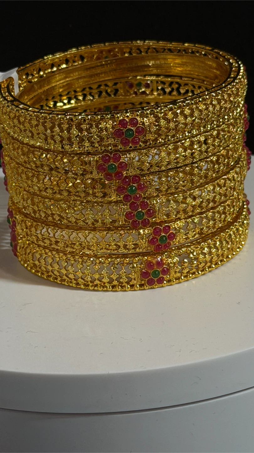 Gold Bangle Set with Red and Green Stones - photo 4