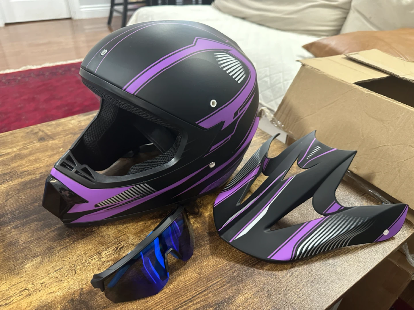 Youth Dirt Bike Helmet with Goggles and Gloves - Black/Purple