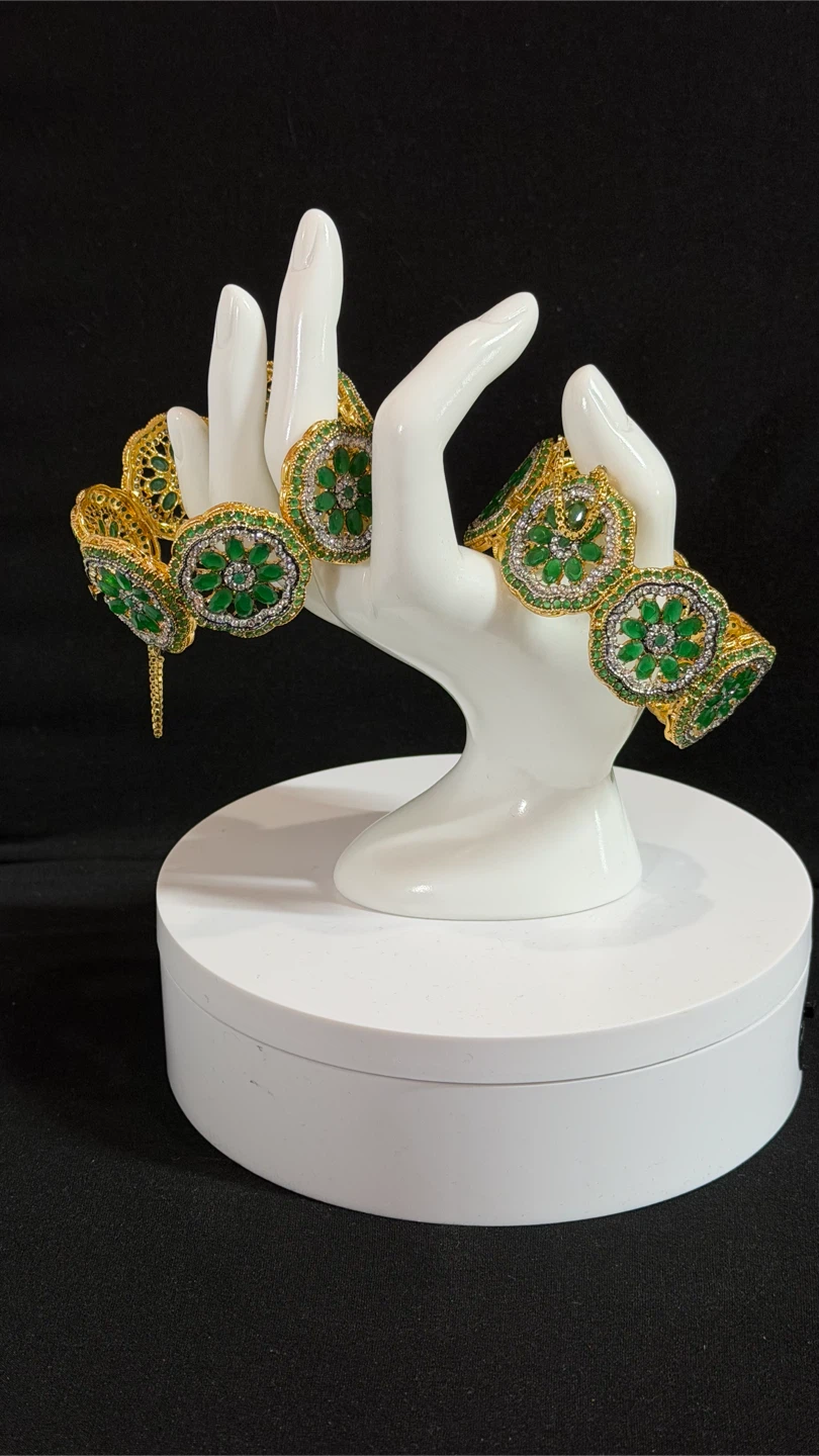 Openable Gold Tone Bracelet with Green Stones and Crystals
