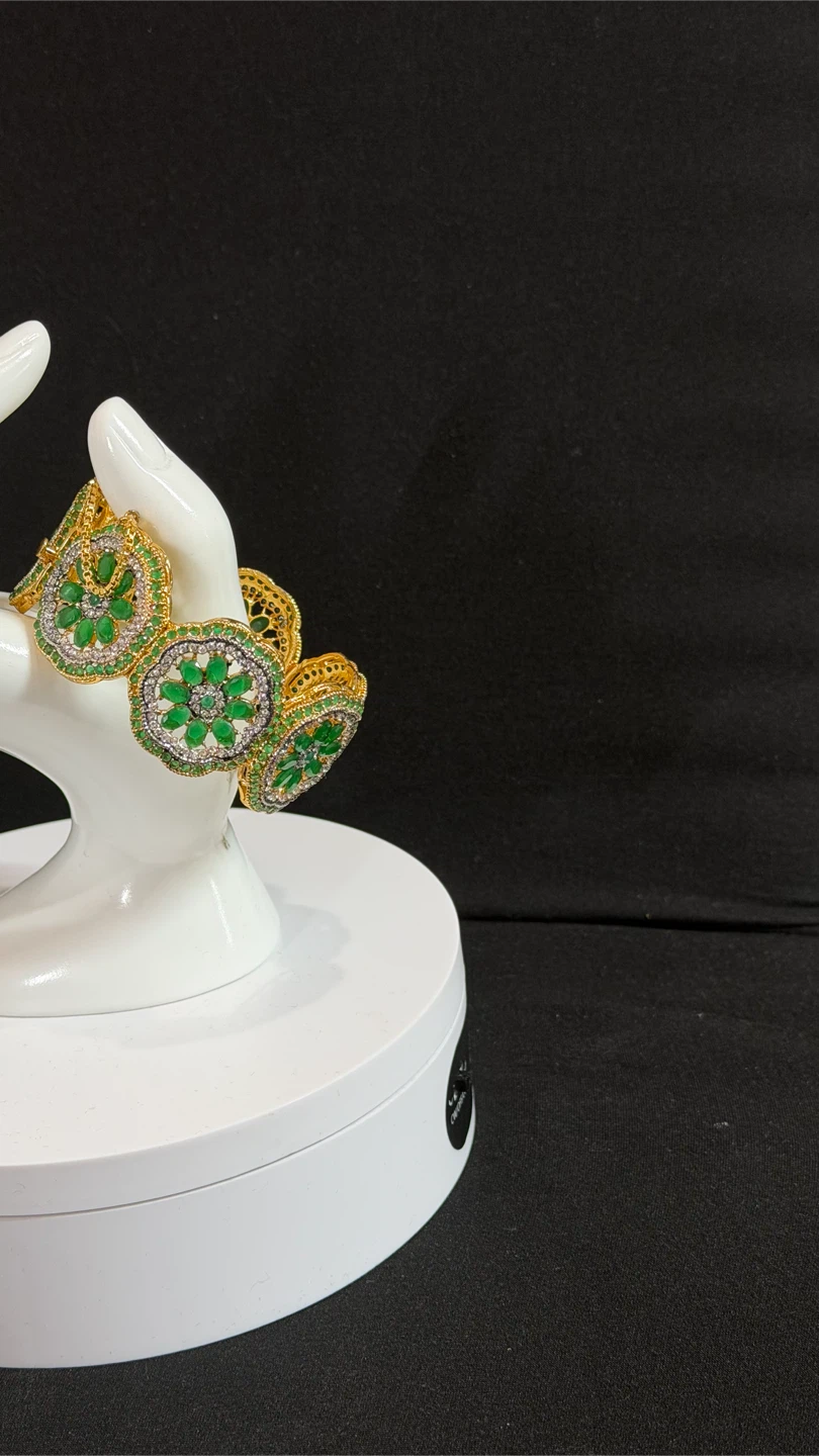 Openable Gold Tone Bracelet with Green Stones and Crystals - photo 2