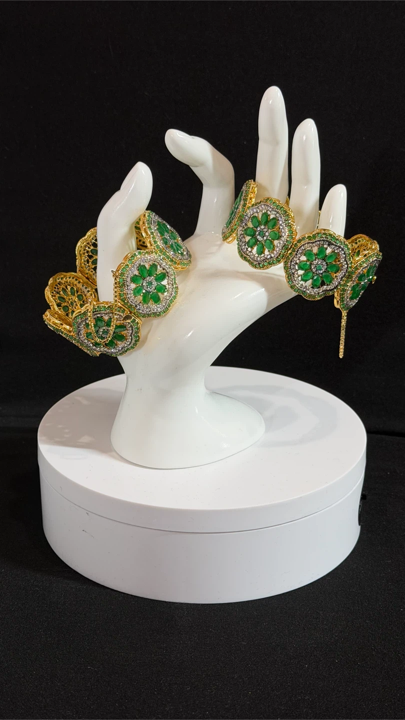 Openable Gold Tone Bracelet with Green Stones and Crystals - photo 3