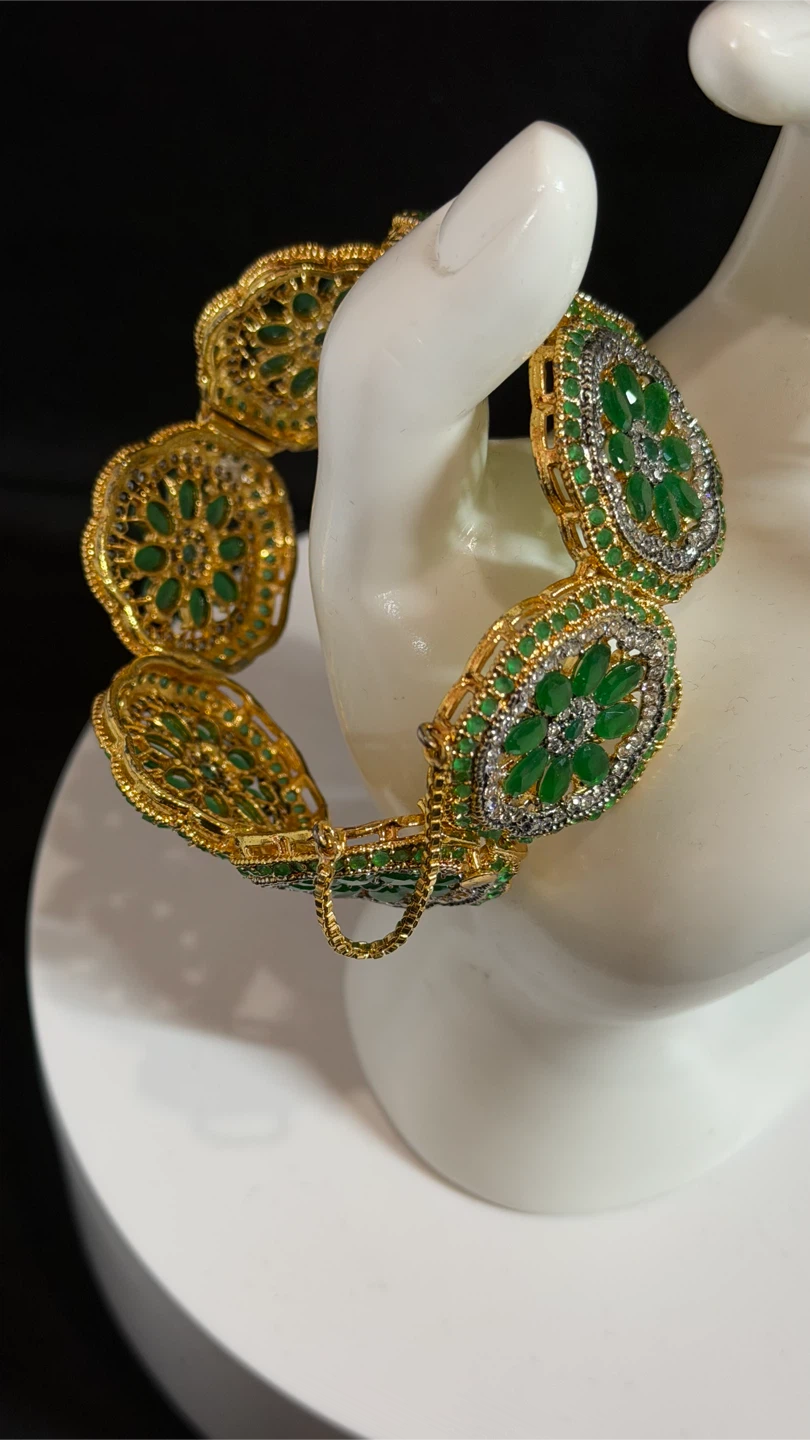 Openable Gold Tone Bracelet with Green Stones and Crystals - photo 4